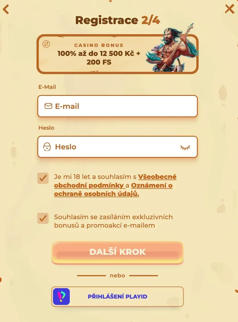 Registrační formulář v Posido casino
